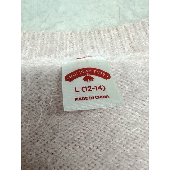 Holiday Time Womens Large Sweater Light Pink Reindeer Bells Sequins Fuzzy - Picture 3 of 7